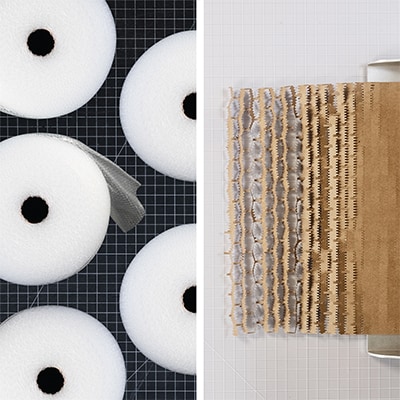 Image de rouleaux de papier bulle à gauche, un rouleau 3M Scotch™ Cushion Lock™ à droite.